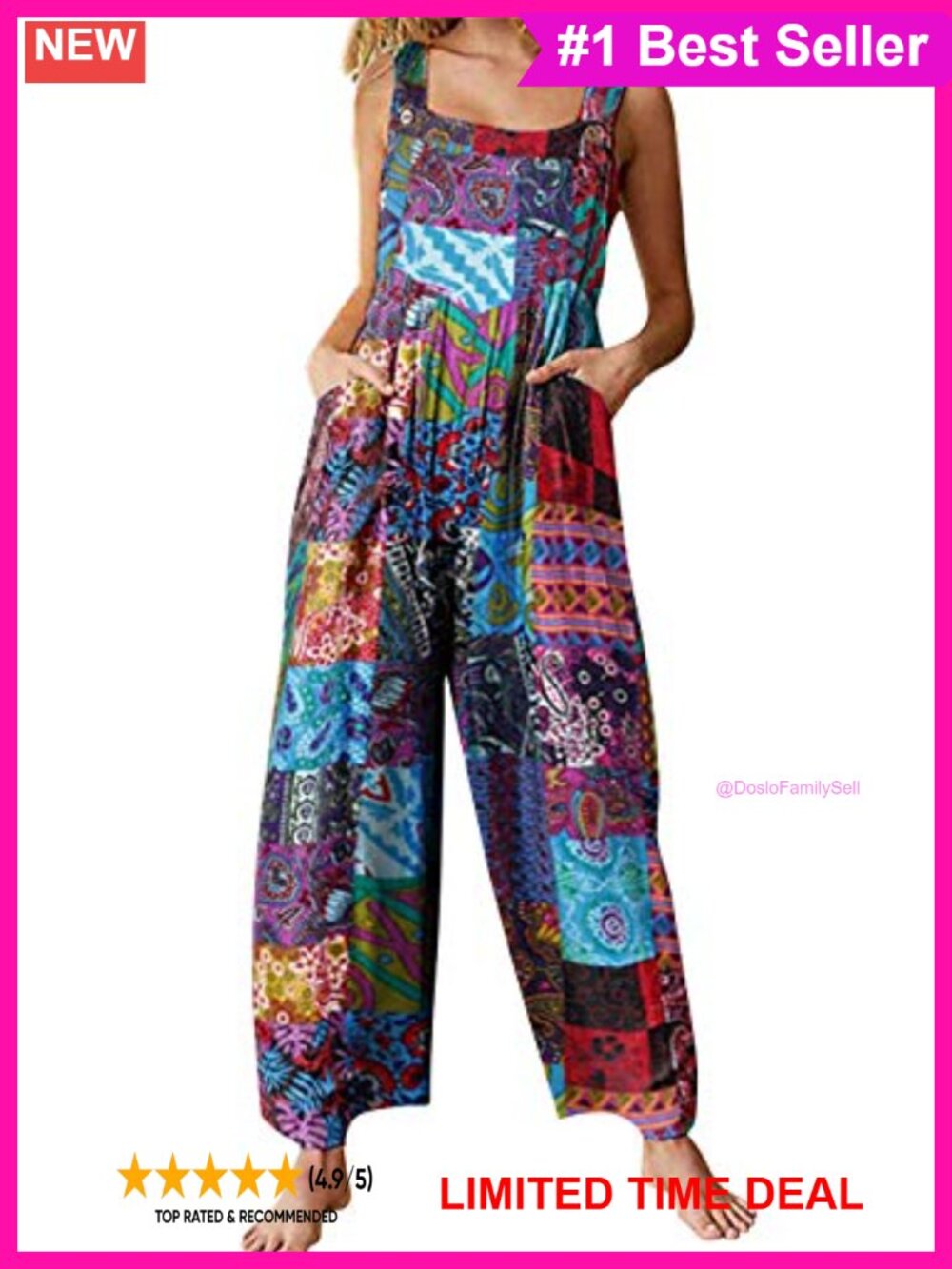 Women's Floral Print Wide Leg Overalls Bib Jumpsuit Cotton Blend